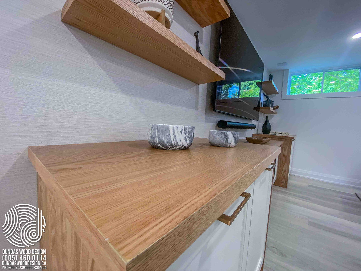 Cozy and Warm Living Room with Custom TV Stand and Fireplace