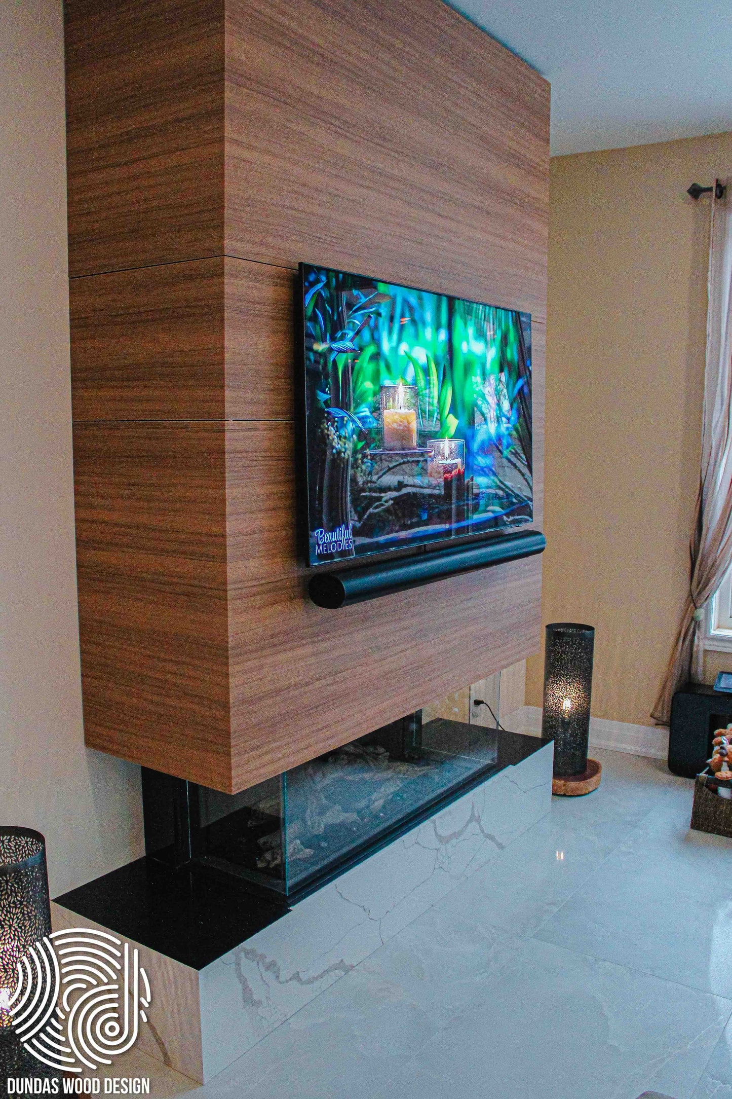 Cozy Living Room with Custom Wood TV Stand