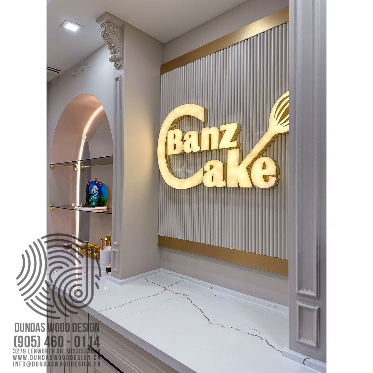 Elegant Cake Shop Counter with Marble and Gold Accents